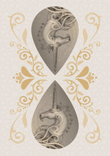 Back of card art with unicorn teardrop design