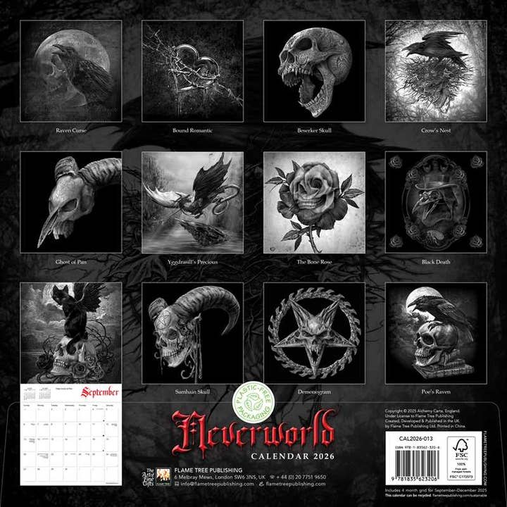 Gothic-style calendar with black and white illustrations on a dark background, featuring the title 'Neverworld'.