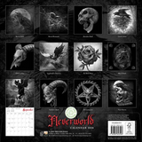 Gothic-style calendar with black and white illustrations on a dark background, featuring the title 'Neverworld'.