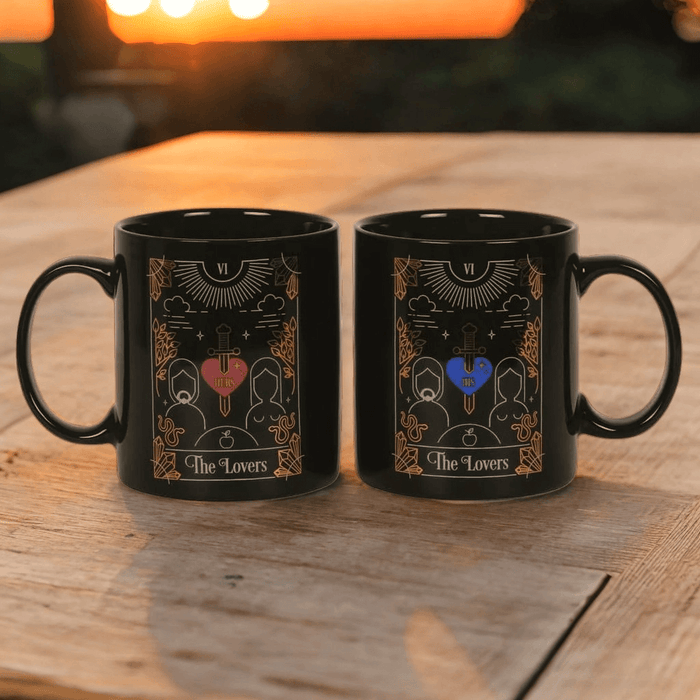 Lovers mugs sitting on a wooden table