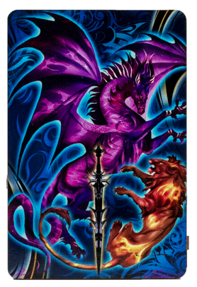 Magnet by Ruth Thompson, purple dragon, gold lion, and sword