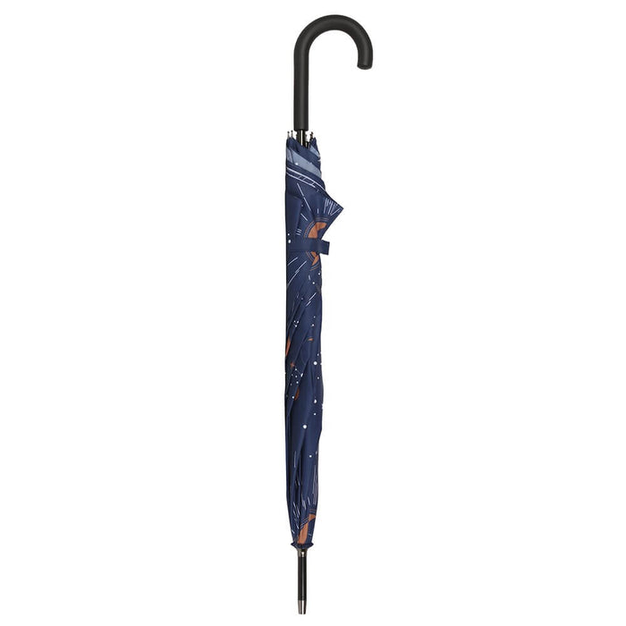 Navy blue umbrella with stars and moons, shown closed 