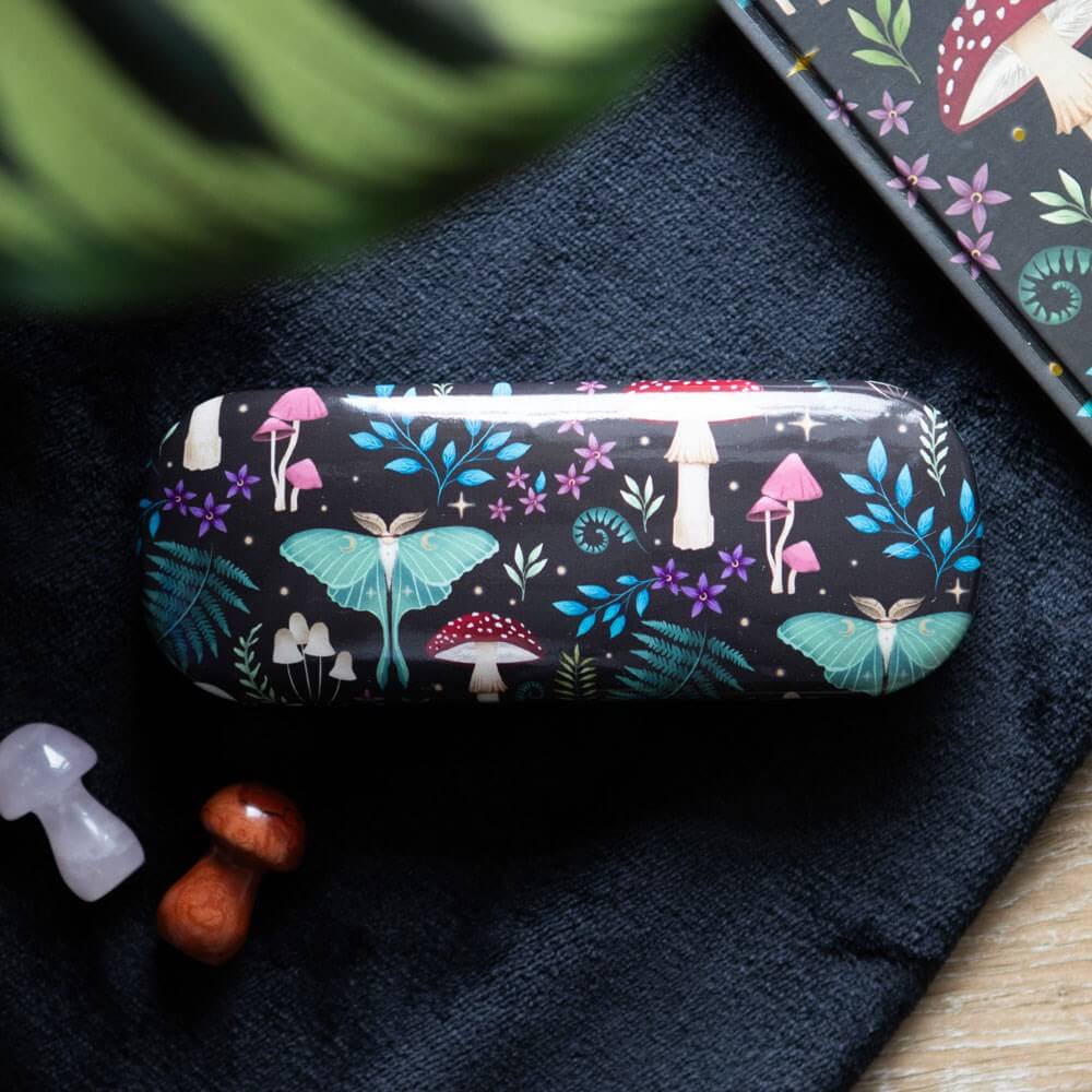 Glasses case with mushrooms, plants, luna moths