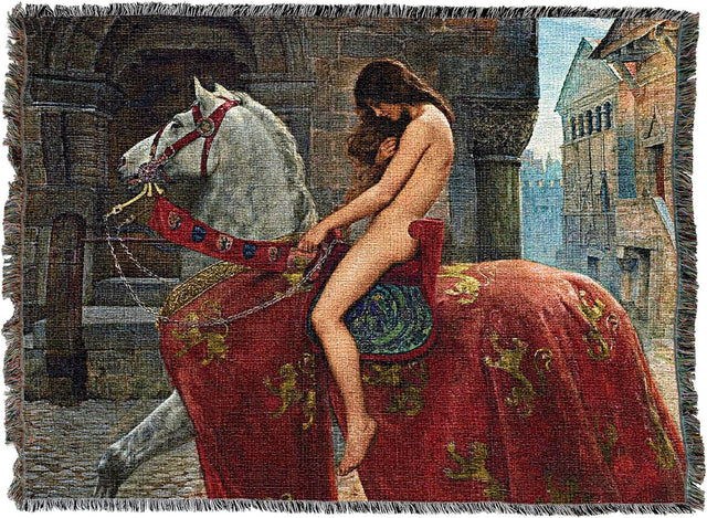 Tapestry blanket showing the legend of Lady Godiva riding through the streets on her horse