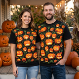 T-shirt with jack-o-lanterns, shown worn by two adults