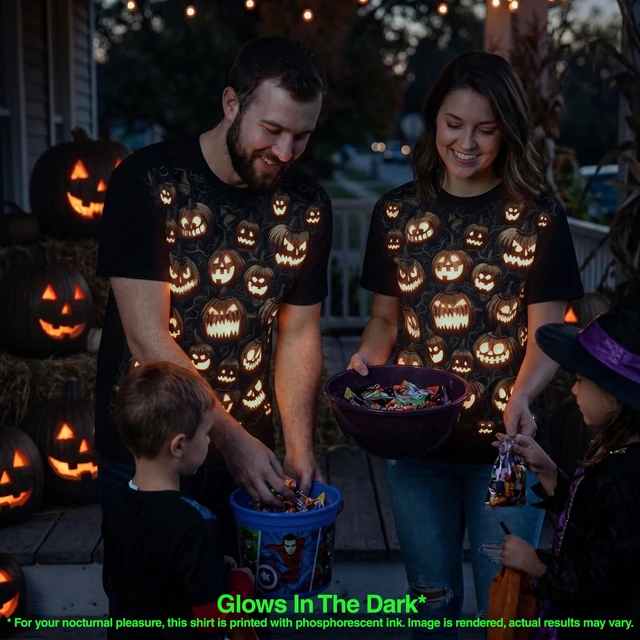 T-shirt with jack-o-lanterns - glow in the dark - shown worn (rendered)