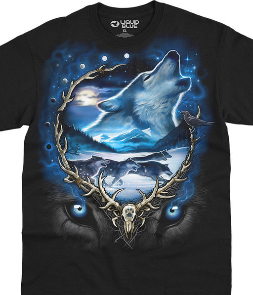 Black t-shirt with wolves in antler design running and howling, more wolf eyes below 