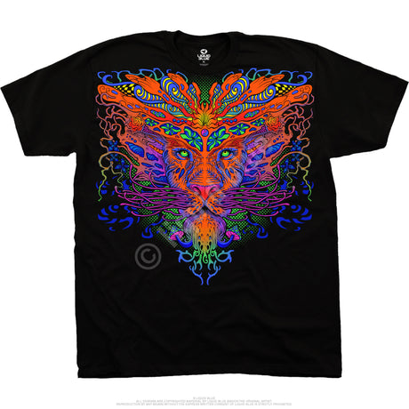 Black t-shirt with rainbow trippy lion patterned design