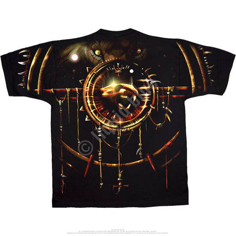 back of Black t-shirt with gold accents, lion face, tribal designs & fangs