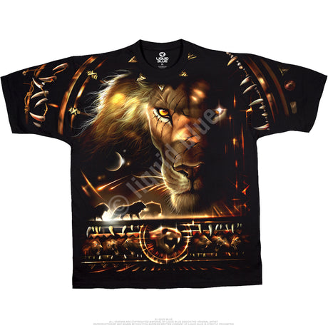 Black t-shirt with gold accents, lion face, tribal designs & fangs