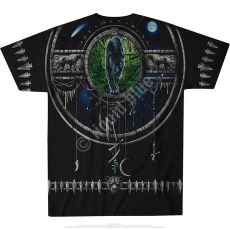 Back of Black t-shirt with snarling green-eyed panthers, tribal designs, teeth & arrowheads