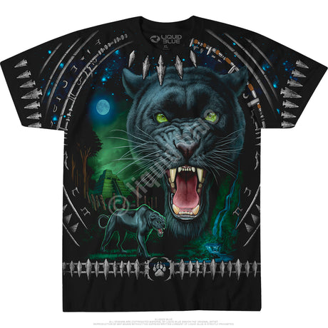 Black t-shirt with snarling green-eyed panthers, tribal designs, teeth & arrowheads