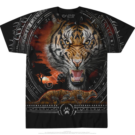 Black t-shirt with orange tigers and tribal designs