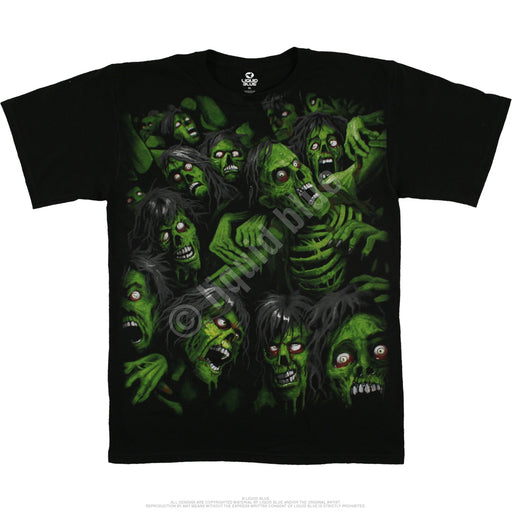 Black shirt with hoard of green zombies