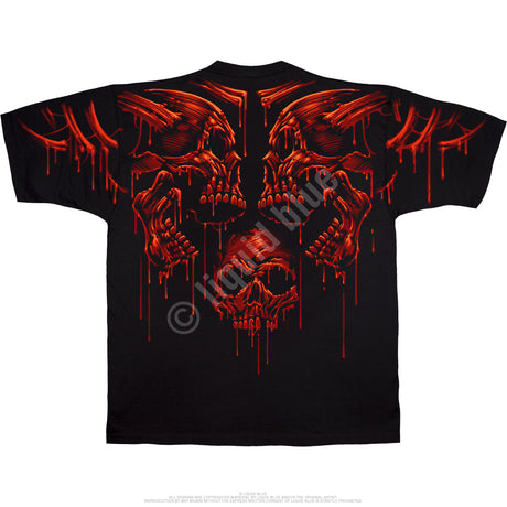 Black shirt with dripping red-orange skulls on front & back