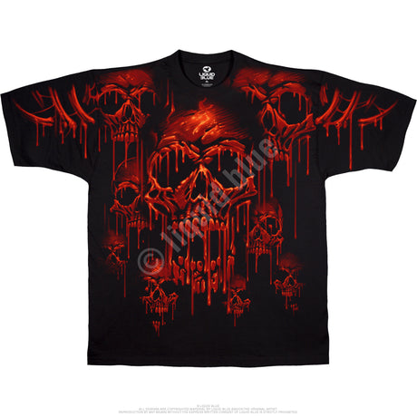 Black shirt with dripping red-orange skulls on front & back