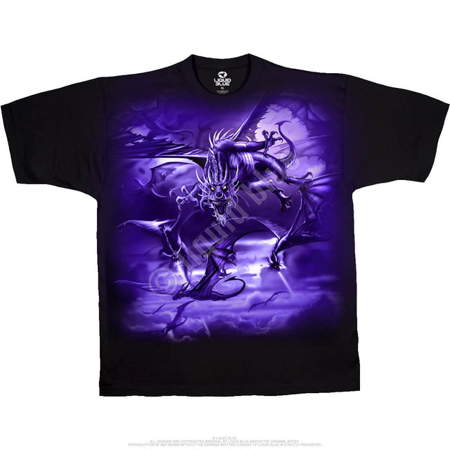 Black tee with purple dragon swarm design on each side