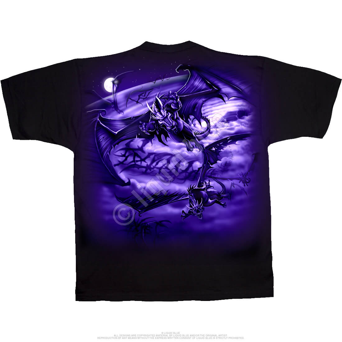 Black tee with purple dragon swarm design on each side