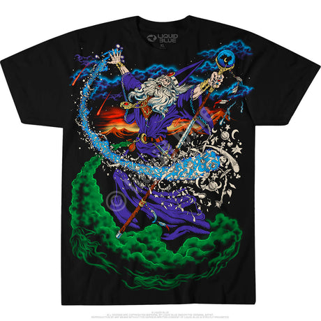 Black double sided shirt with wizard designs. Front: wizard with blue orb staff, green smoke, magic