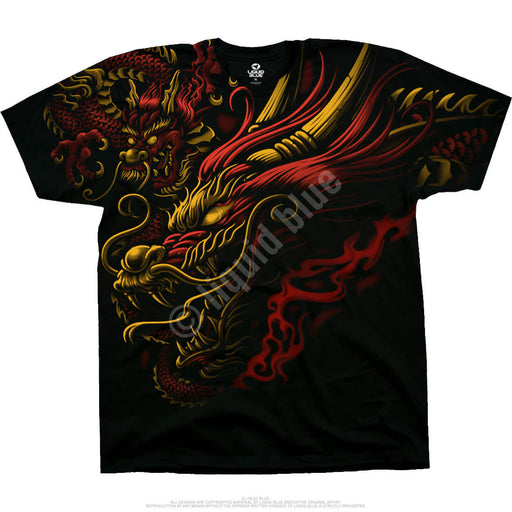Black t-shirt with gold and red Asian dragon designs
