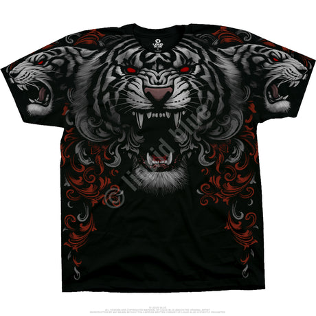 Black t-shirt with three snarling white tigers with red eyes. Crimson swirl designs