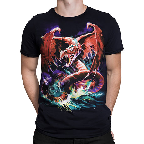 Black shirt with red dragon wyrm, shown worn