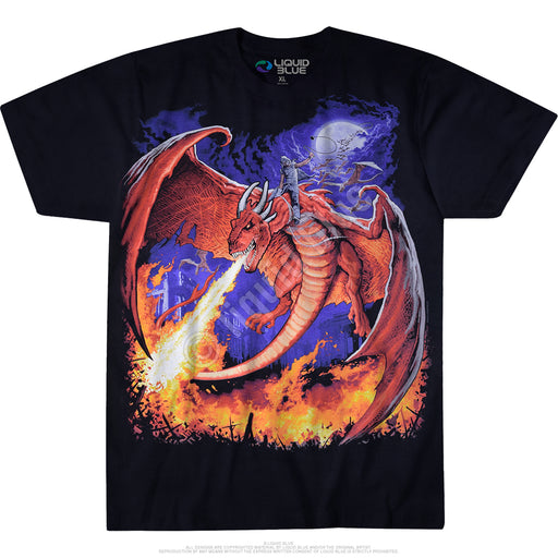 Black tee shirt with red dragon and rider, breathing fire
