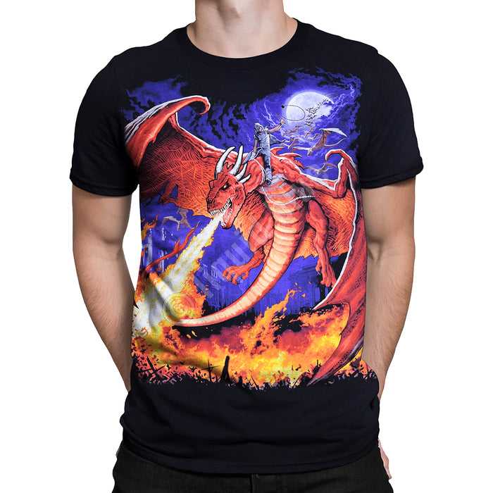 Black tee shirt with red dragon and rider, breathing fire, shown worn