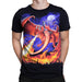 Black tee shirt with red dragon and rider, breathing fire, shown worn