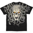 Black t-shirt with a skull and snake design on a white background