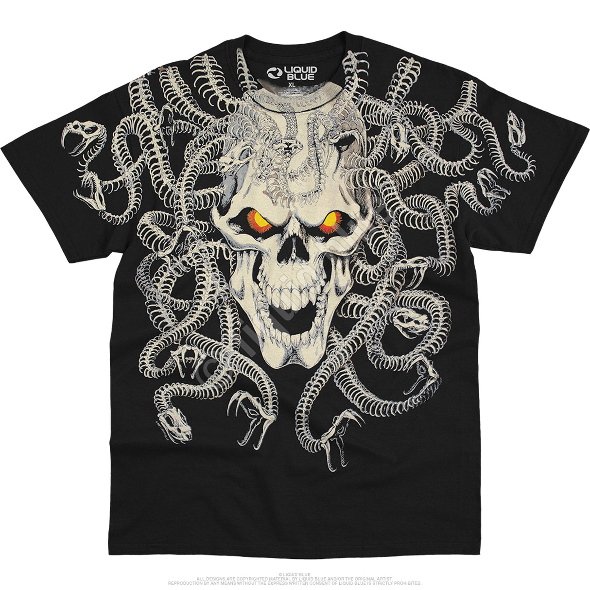 Black t-shirt with a skull and snake design on a white background