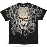 Black t-shirt with a skull and snake design on a white background