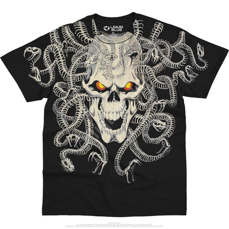 Black t-shirt with a skull and snake design on a white background