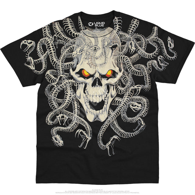 Black t-shirt with a skull and snake design on a white background