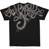 Back of Black t-shirt with white snake skeleton design on a plain background