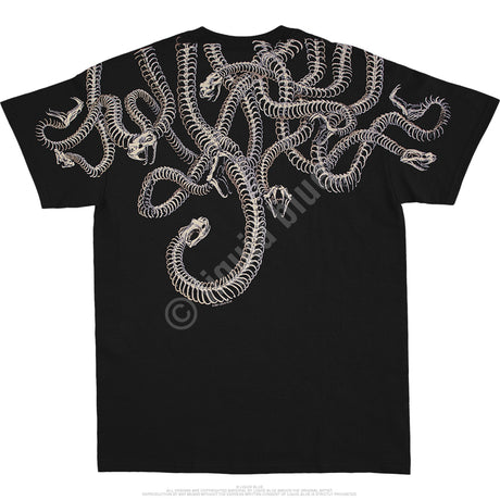 Back of Black t-shirt with white snake skeleton design on a plain background