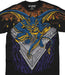 Double sided t-shirt. Front shown, featuring stone gargoyle at the edge of a building with a city beyond