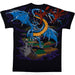 Black shirt, back is blue dragon fleeing from red dragon's claws