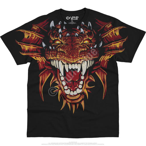 Double sided shirt. Front - red and gold dragon with open mouth