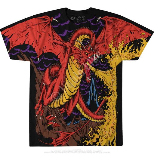 T-shirt with full print of red and gold dragon breathing fire, another dragon & castle beyond