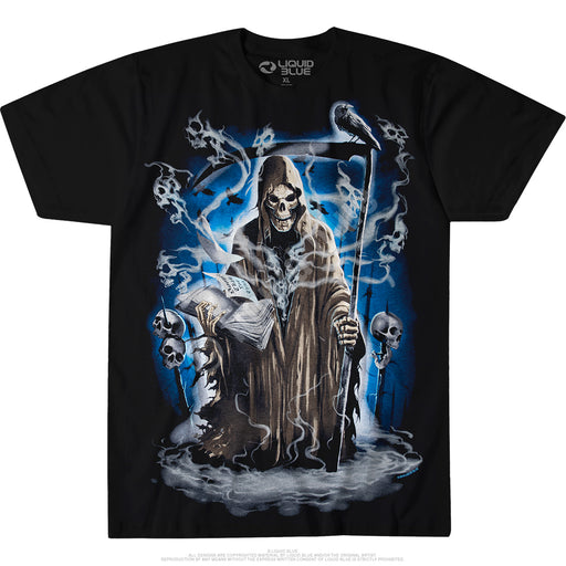 Black shirt with grim reaper holding booth and scythe with raven, surrounded by skulls