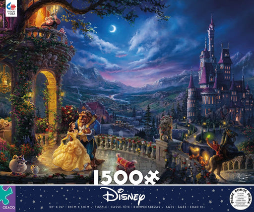 Thomas Kinkade Disney Jigsaw puzzle of Belle and the Beast dancing in the moonlight in thei castle, with another castle and Gaston in the background