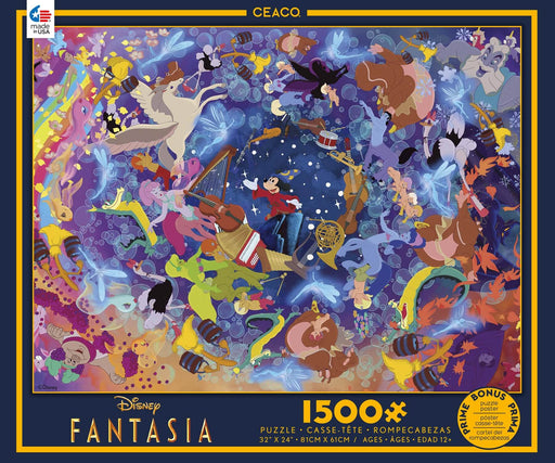 Disney jigsaw puzzle with characters from the film Fantasia, including Mickey, centaurs, pegasus, hippos, cupids, alligators and more