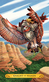 Knight of Wands tarot card with flying armored owl