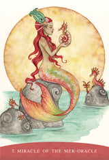 Sisters of the Sea oracle deck with artwork by Amy Brown - "7. Miracle of the Mer-oracle" card with rainbow mermaid holding sea dragon