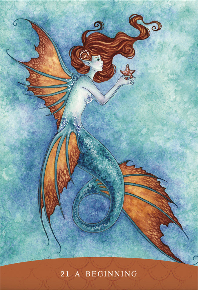 Sisters of the Sea oracle deck with artwork by Amy Brown - "21. A Beginning" card with orange and blue mermaid holding starfish