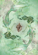 Sisters of the Sea oracle deck with artwork by Amy Brown - card back art, green mermaids and shell