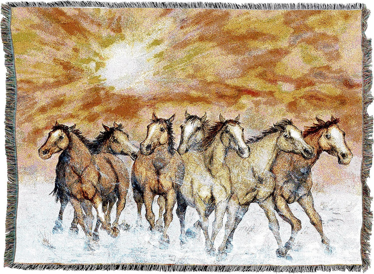 Tapestry blanket with herd of horses running under sunset