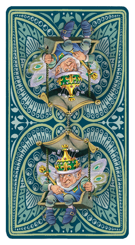 Card back - two fairies mirrored, on swing, green patterns