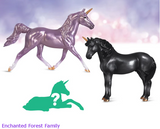 Breyer Unicorn Foal Surprise toy set set with two adult unicorns and hidden foal figurine. Shown models are purple and black, the Enchanted Forest Family